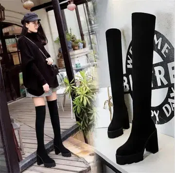 블랙 롱 부츠 하이 힐 스웨이드풍