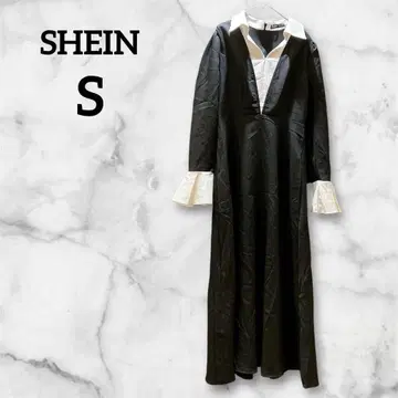 SHEIN [S] 블랙 화이트 V 넥 원피스 모노톤 긴팔 원피스 무지