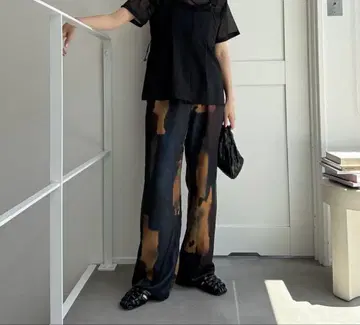 수채화 패턴 새틴 와이드 팬츠 그린 믹스