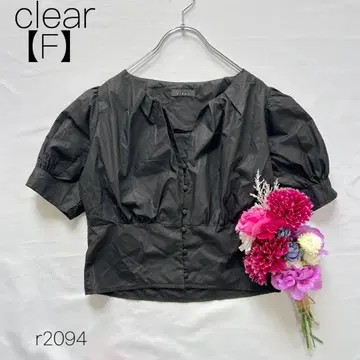 클리어 반팔 블라우스 숏 기장 볼륨 소매 블랙 면 혼방 V 넥 [F]
