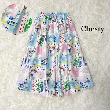 Chesty 꽃무늬 아트 무늬 풍경화 플레어 스커트 봄/여름