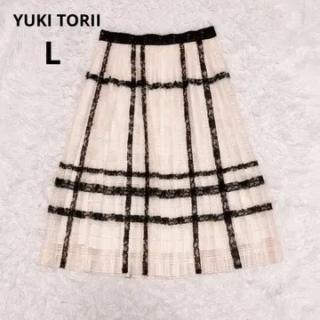 Yukitori 플리츠 레이스 체크 플레어 스커트 화이트 아이보리 L