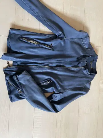 sisii 다크 블루 가죽 라이더 자켓