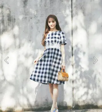 tocco closet 허리 입체 플라워 레이스 깅엄 체크 원피스