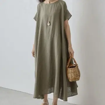 비어즐리 23SS 린넨 텐트 원피스 S 카키 반팔 롱 기장