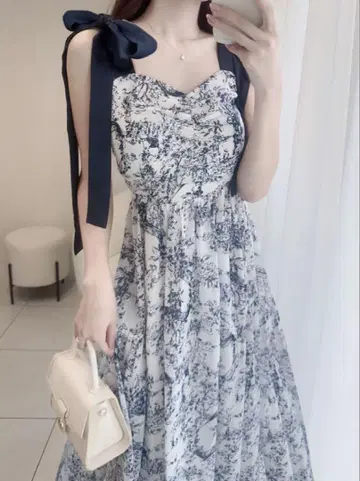 GRL 숄더 리본 꽃무늬 원피스 [pu33] 블루