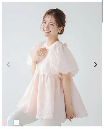 Fit more 백 리본 볼륨 슬리브 자카드 탑 핑크