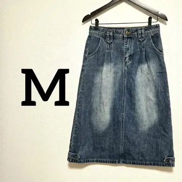 데님 스커트 M 사이즈 빈티지풍 미디 길이 인디고 블루
