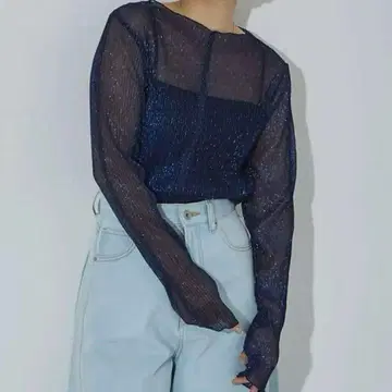 NOMINE 라메 시어 플리츠 상의 (롱 T) 네이비 네이비 컬러
