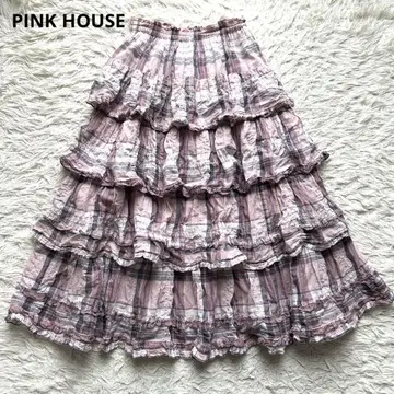PINK HOUSE 단단 피코 프릴 4단 티어드 스커트 체크