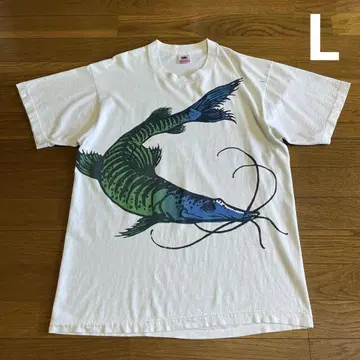 90s USA제 타이거 셔블 노즈 캣 티셔츠 L 화이트 열대어 메기
