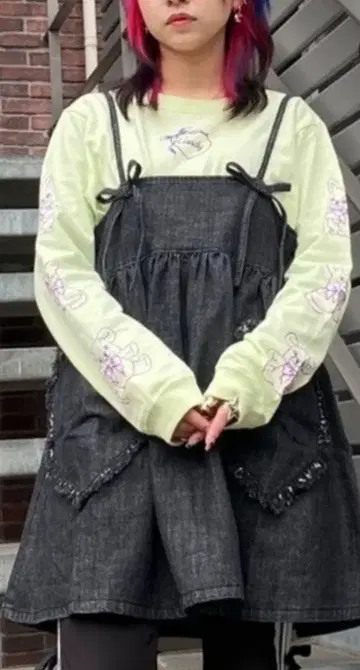 캔디 스트리퍼 하트 데님 미니 원피스