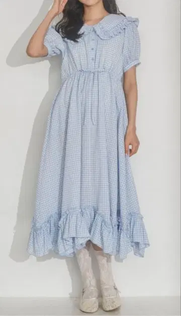 스카이블루 프릴 칼라 깅엄 원피스 메리제니