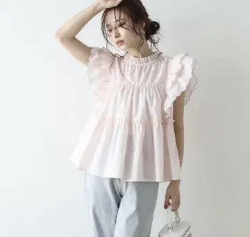 라지엠 블라우스 프릴 티어드 스캘럽 핑크 반팔