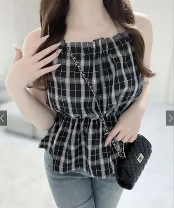 GRL 체크 무늬 홀터넥 페플럼 탑