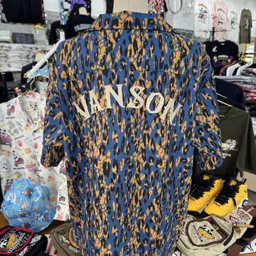 (27) VANSON 레오파드 무늬 반팔 자수 셔츠 블루 XL