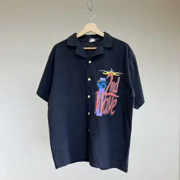 90s USA제 블랙 반팔 오픈 카라 셔츠 지구 패턴 L 사이즈 빈티지
