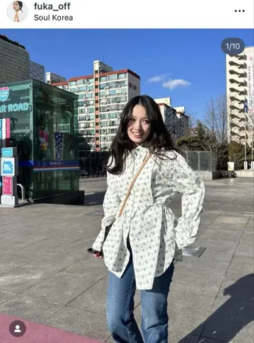 르 쉘 블루 꽃무늬 긴팔 셔츠 허리 리본 포함