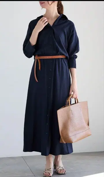 Te chichi 벨트 레이온 린넨 셔츠 원피스 네이비