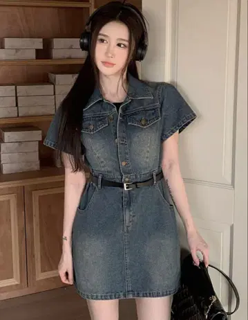 데님 셔츠 원피스 반팔 벨트 데님 원피스