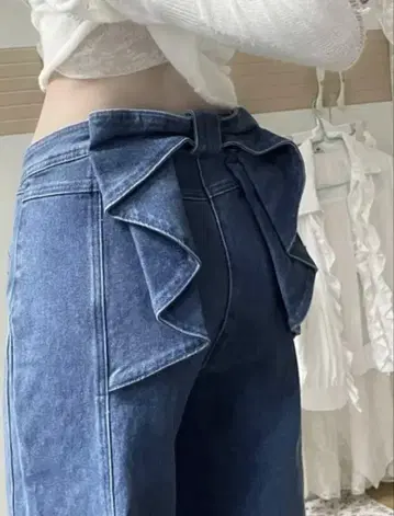 백 리본 데님 다크 블루 스트레이트 팬츠 XL 사이즈