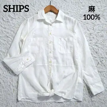 쉽스 린넨 헴 리본 롱 슬리브 셔츠 린넨 100% 화이트 36 일본제