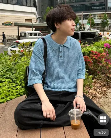 NUGU 스카이블루 니트 피케 셔츠 반팔 릴랙스 핏