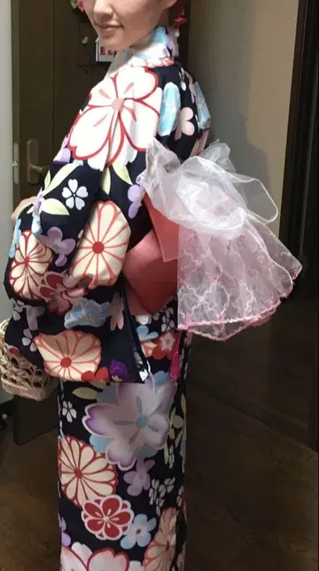 즉시 발송 가능 유카타 꽃무늬 헤코 오비 복조리 유카타 3개 세트