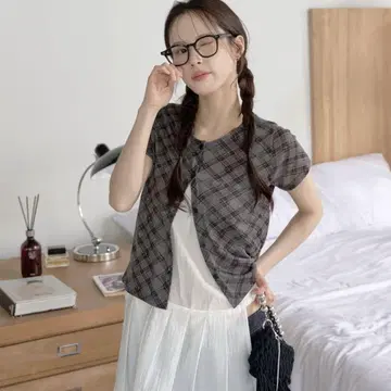 UNE MANSION 데일리 체크 시스루 반팔 가디건
