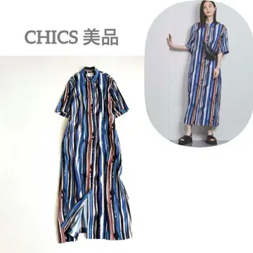 CHICS 스트라이프 반팔 셔츠 원피스 멀티 컬러 블루