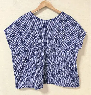 NATURAL LAUNDRY 루즈한 블라우스 깅엄 체크 자수 블루