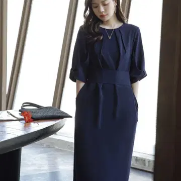 네이비 반팔 허리 리본 원피스