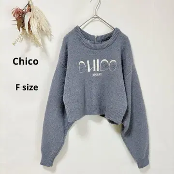 치코 Chico 로고 자카드 자수 돌먼 니트 F 블루 크롭 길이