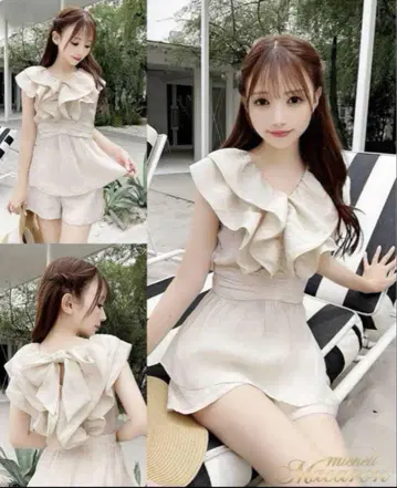 미셸 마카롱 프릴 리본 포함 셋업 베이지