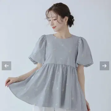 fitmore 플라워 자수 벌룬 슬리브 페플럼 탑
