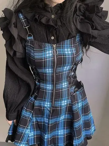 원피스 블루 서브컬처 체크 지뢰 펑크 리본