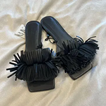ZARA 프린지 블랙 샌들 수납 봉투 포함 천연 가죽