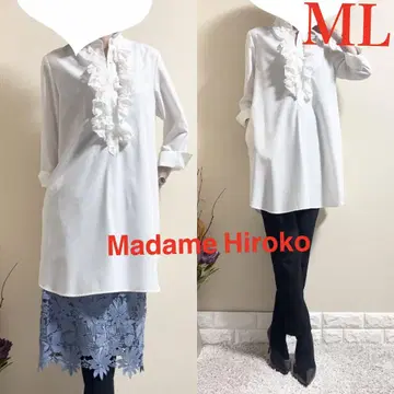 마담 히로코 프릴 튜닉 블라우스 화이트 ML 넉넉한 8부 소매