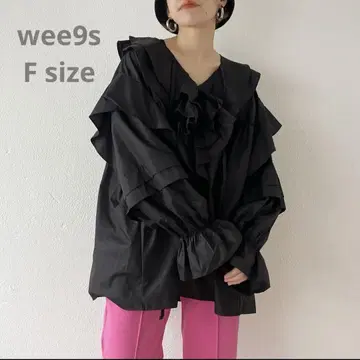 wee9s 빅 칼라 프릴 블라우스 긴팔 블랙