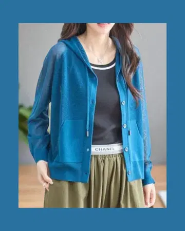 미사용 새상품! 후드 부착 얇은 소재 가디건 다크 블루 ML