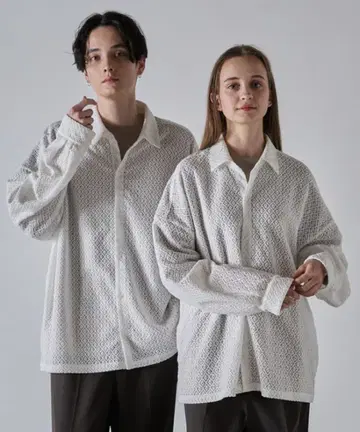 [CLEL] 화이트 벌룬 소매 루즈 레이스 셔츠 남성/여성용