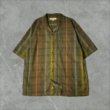 Tommy Bahama 실크 옴브레 체크 오픈 카라 셔츠 XL 카키