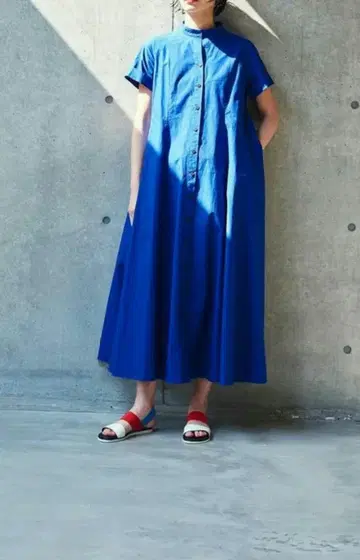 mici 미치 ROSEBUD 맥시 반팔 셔츠 플레어 원피스 코튼 블루