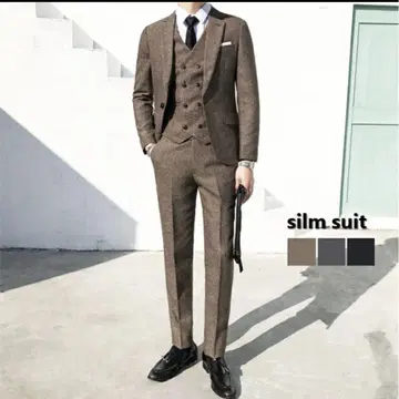 브라운 트위드 정장 세트 윙카라 셔츠 결혼식장 사전 촬영