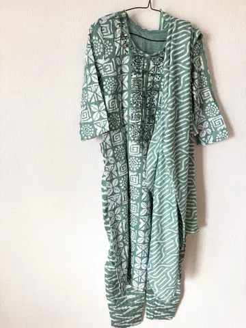 인도 쿠르타 팬츠 두파타 뱅글 세트 그린 fabindia