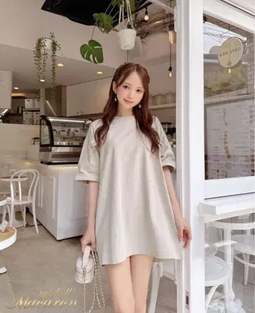 미셸 마카롱 xs 티셔츠 빅 실루엣 원피스 베이지