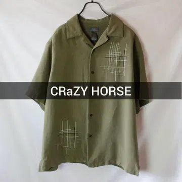 CRaZY HORSE 반팔 셔츠 올리브색 레이온 오픈 카라 셔츠