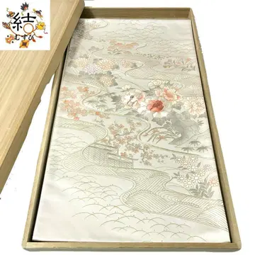 MO-3052 후쿠로 오비 자수 모란과 국화 꽃 금색 자수 금색 진주색