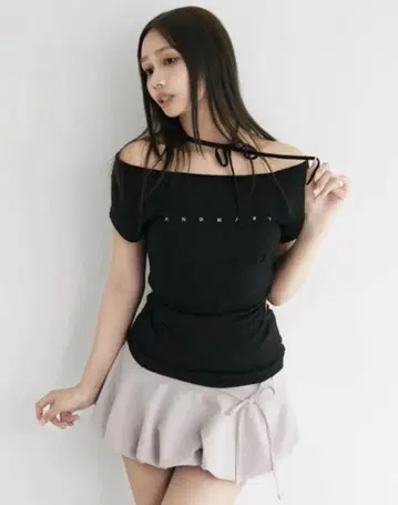 andmary Mary 로고 리본 탑 블랙