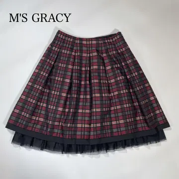 새상품급 M'S GRACY 엠즈 그레이시 스커트 체크 튤 L 빨간색